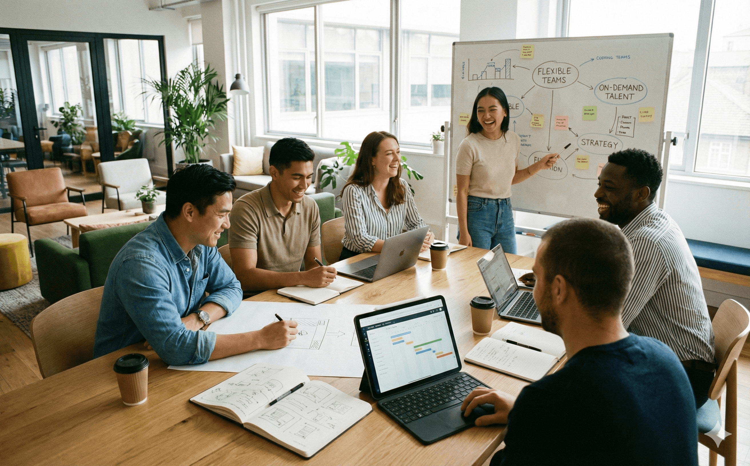 Equipo multidisciplinario colaborando frente a pantallas