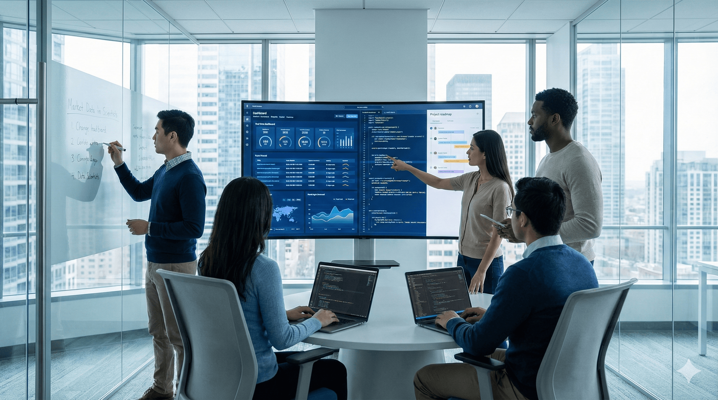 Equipo de tecnología colaborando en una sala de reuniones