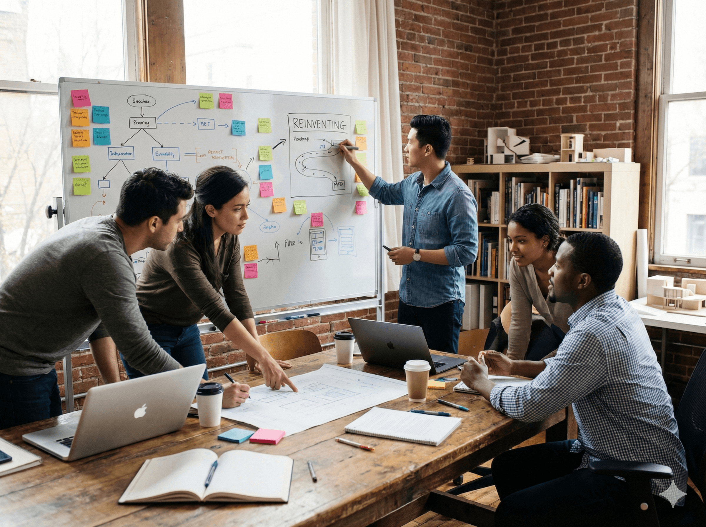 Personas planificando un proyecto tecnológico en equipo